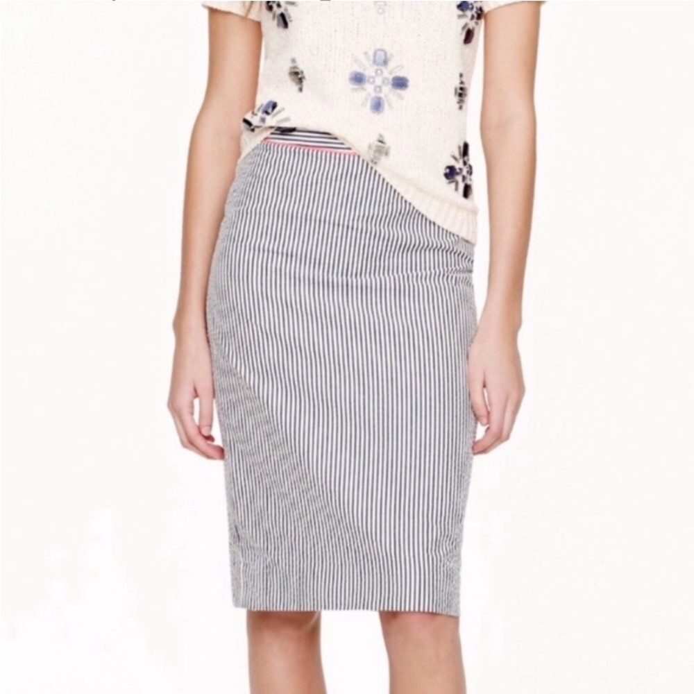 J Crew Pencil Skirt Pinstriped Seersucker Preppy Minimalist